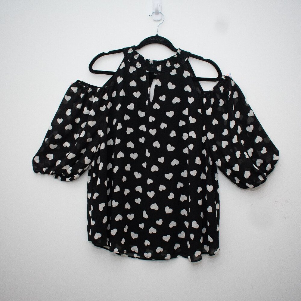 Cato Keyhole Neckline Cold Shoulder 3/4 sleeve Sheer Heart Print Blouse XL